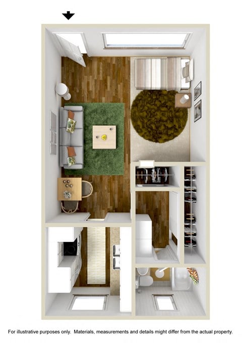 Floor plan for studio, 1 bath, 400 sqft